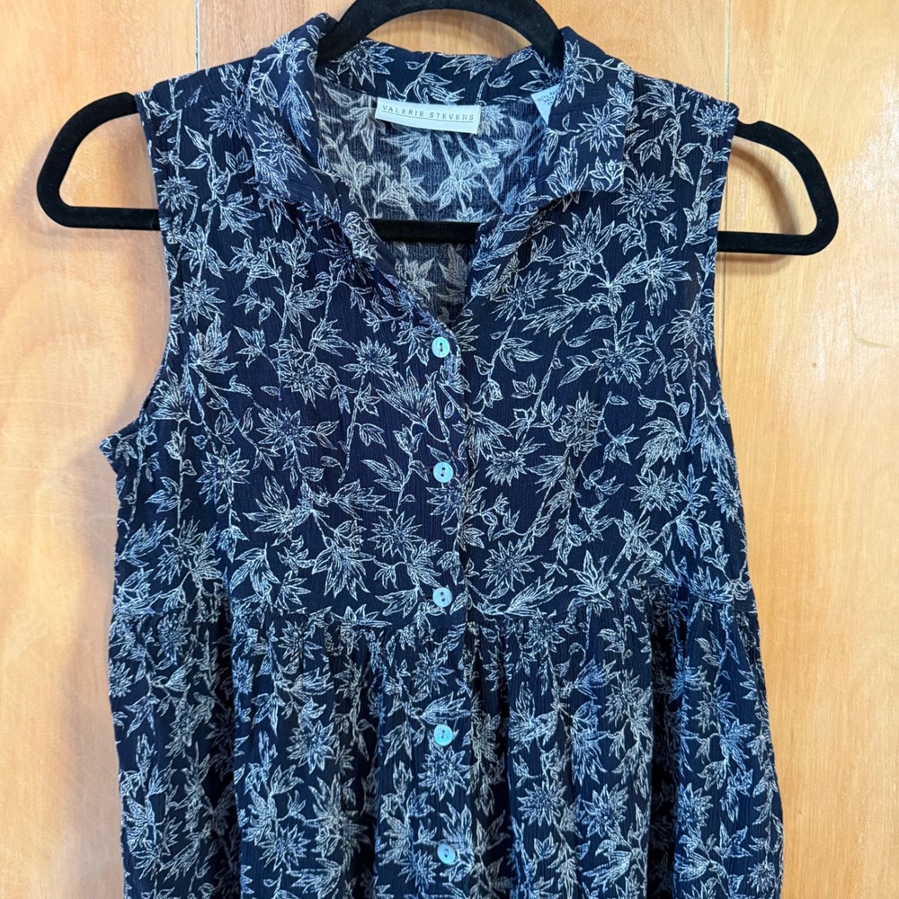 Valerie Stevens Navy Blue Floral Rayon Sleeveless Button Front Midi Dress 6 - Picture 2 of 7